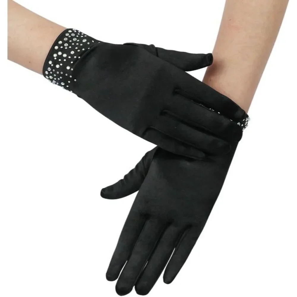 Women's Black Sparkly Glitter Rhinestone Stretchy Satin Wrist Length Gloves